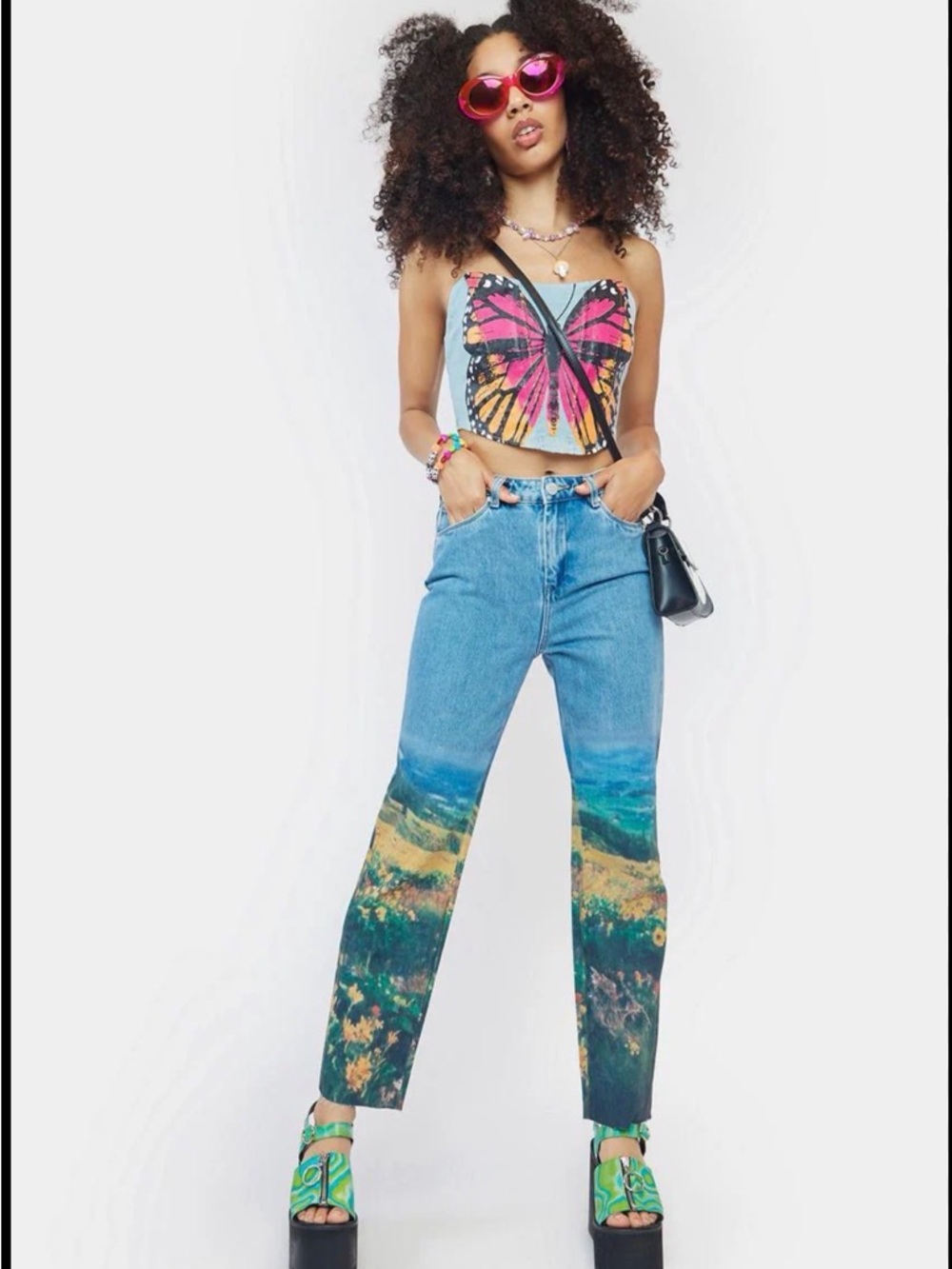 Blank NYC Scenic Print Straight Leg Jeans - Blue with Green & Yellow Landscape